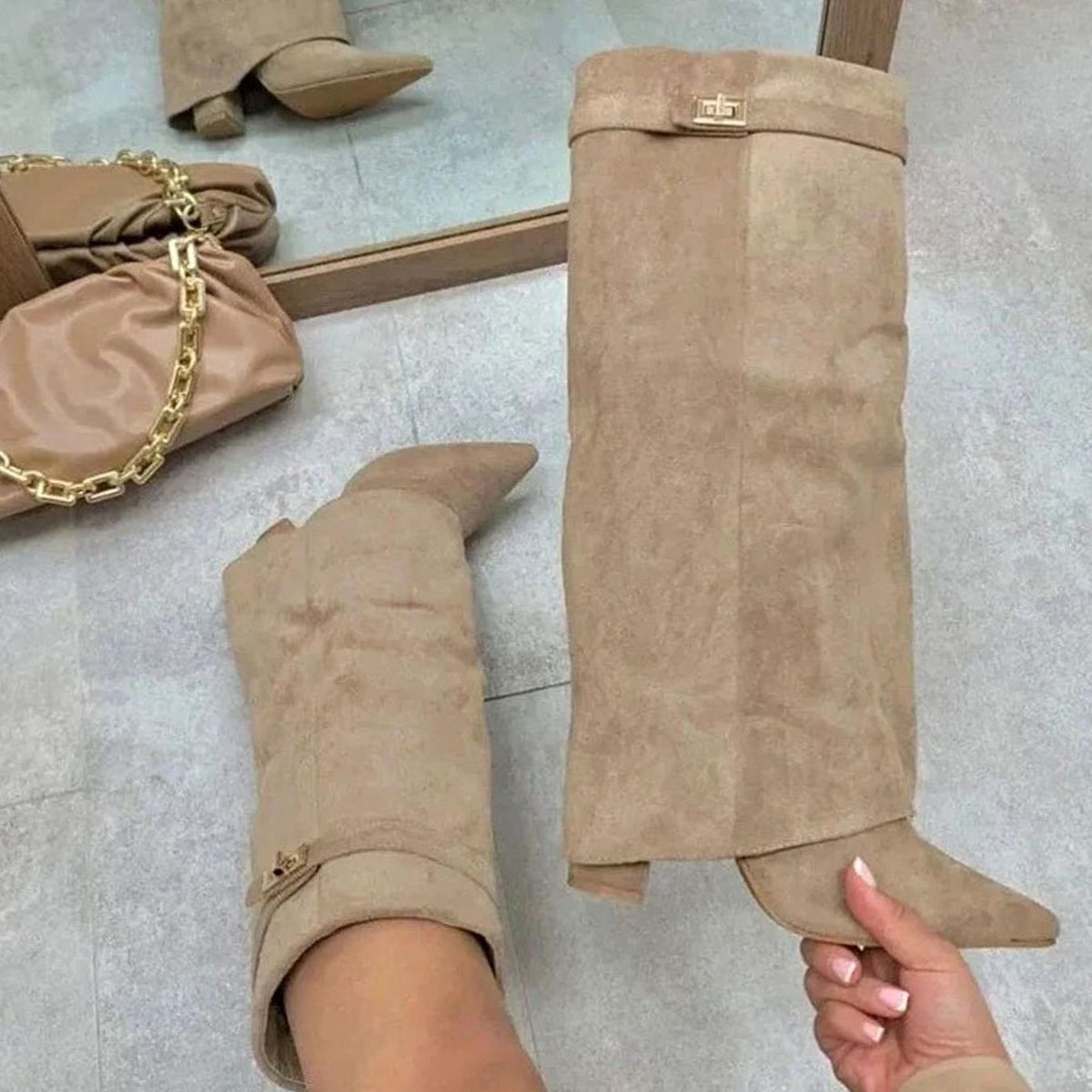 Women's Suede Knee-High Buckle Strap Wedge Boots