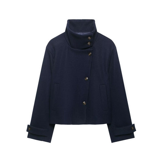 Women's Wool-Blend Short Jacket with High Stand Collar