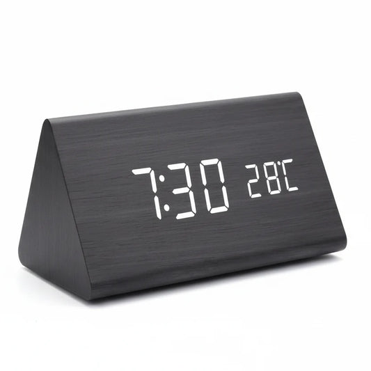 Wood-Look LED Alarm Clock with 3 Alarms, Temperature Display, and Adjustable Brightness