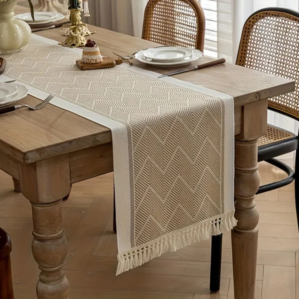 Woven Chevron Microfiber Table Runner with Tassels