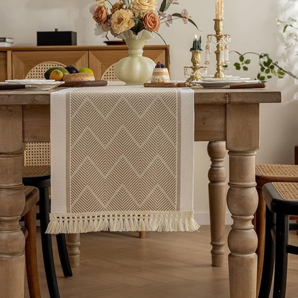 Woven Chevron Microfiber Table Runner with Tassels
